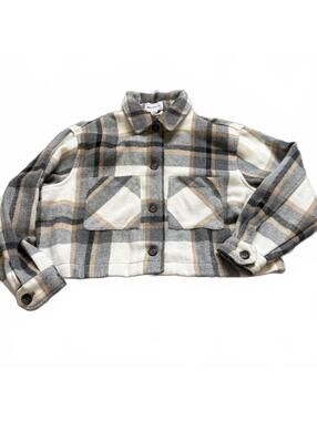 For The Republic Plaid Cropped Shacket Jacket Women’s Size S Gray Beige